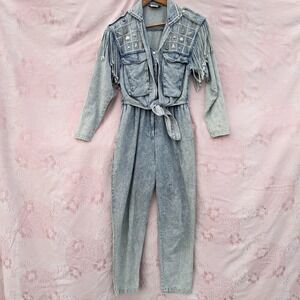 Vintage Varda Garfinkel Western Denim Fringe Jumpsuit S/M Cowgirl Festival Studs